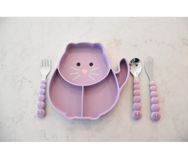 Farfurie compartimentata din silicon cu ventuza, melii, pisica