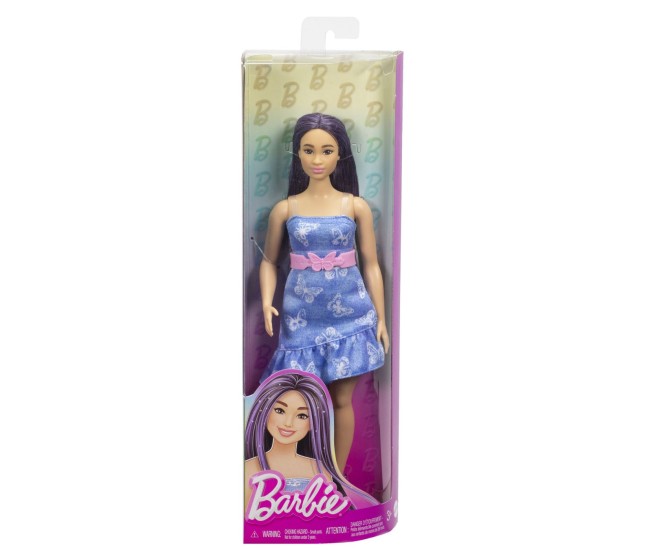 Papusa barbie fashionista cu parul mov si rochita cu fluturasi Papusa barbie fashionista cu parul mov si rochita cu fluturasi