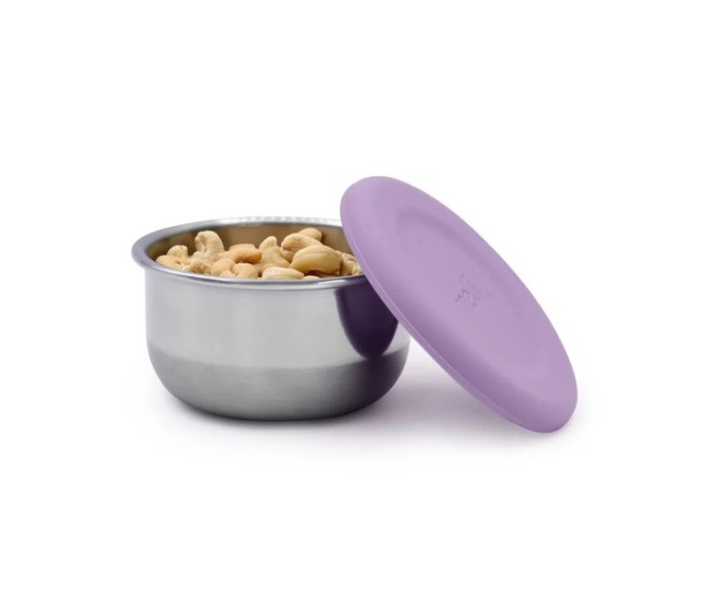 Set 3 recipiente mini inox cu capac silicon, melii, roz mov gri Set 3 recipiente mini inox cu capac silicon, melii, roz mov gri