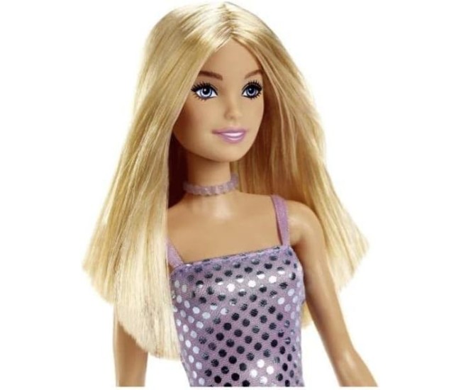 Papusa barbie tinute stralucitoare blonda cu rochita mov Papusa barbie tinute stralucitoare blonda cu rochita mov
