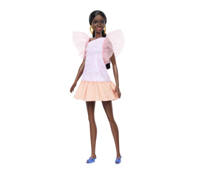 Papusa barbie fashionista afro-americana cu rochie peach Papusa barbie fashionista afro-americana cu rochie peach