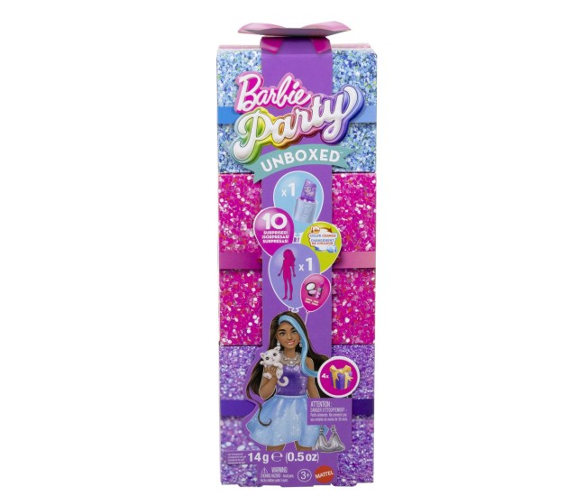 Barbie set party unboxed reveal papusa barbie violet cu 10 accesorii surpriza Barbie set party unboxed reveal papusa barbie violet cu 10 accesorii surpriza