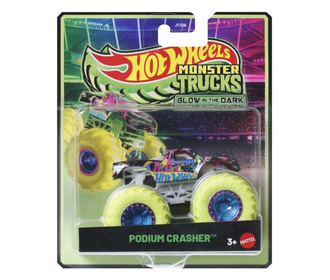 Hot wheels monster truck glow in the dark masinuta podium crasher scara 1 la 64