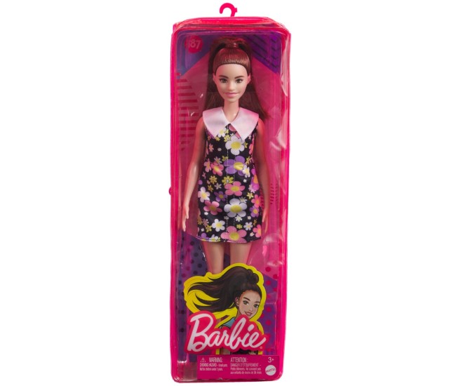 Papusa barbie fashionista satena cu rochie cu imprimeu floral Papusa barbie fashionista satena cu rochie cu imprimeu floral
