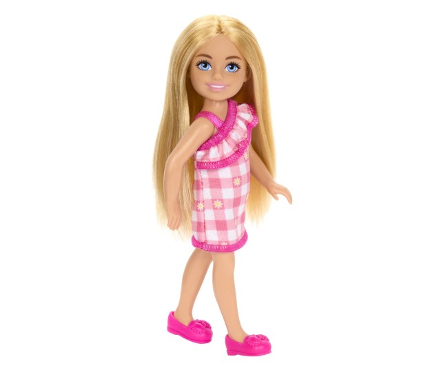 Barbie papusa chelsea blonda cu rochita roz in carouri Barbie papusa chelsea blonda cu rochita roz in carouri