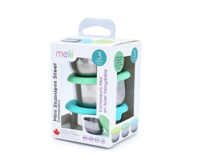 Set 3 recipiente mini inox cu capac silicon, melii, bleu mint lime