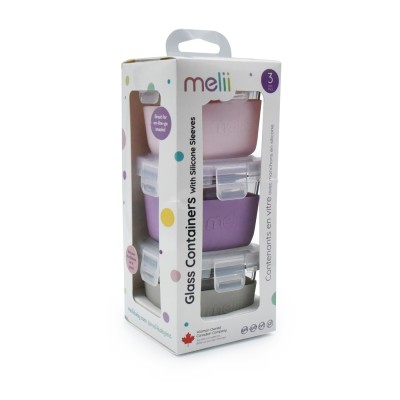 Set 3 recipiente sticla 3 160ml cu husa antiderapanta silicon melii roz mov gri