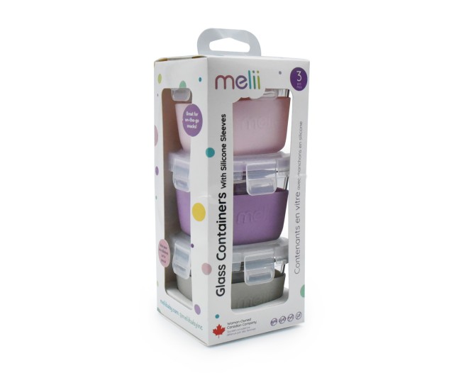 Set 3 recipiente sticla 3 160ml cu husa antiderapanta silicon melii roz mov gri Set 3 recipiente sticla 3 160ml cu husa antiderapanta silicon melii roz mov gri