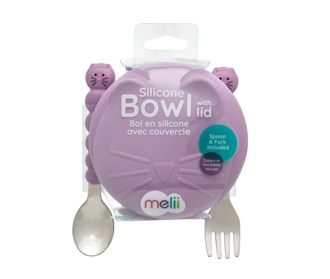 Castronel silicon cu capac si tacamuri, melii, model pisica