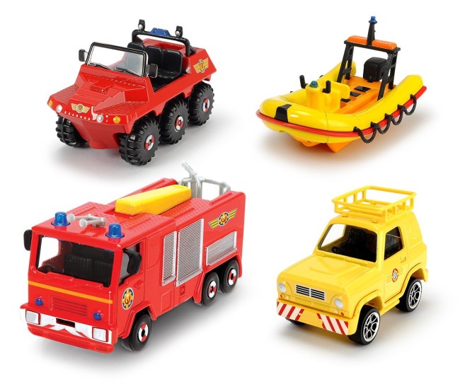 Pompierul sam set 4 vehicule din metal cu barca scara 1:64 Pompierul sam set 4 vehicule din metal cu barca scara 1:64