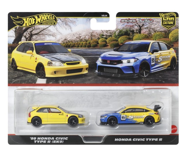 Hot wheels premium set 2 masinute metalice honda civic 99 tip r ek9 si honda civic tip r scara 1:64