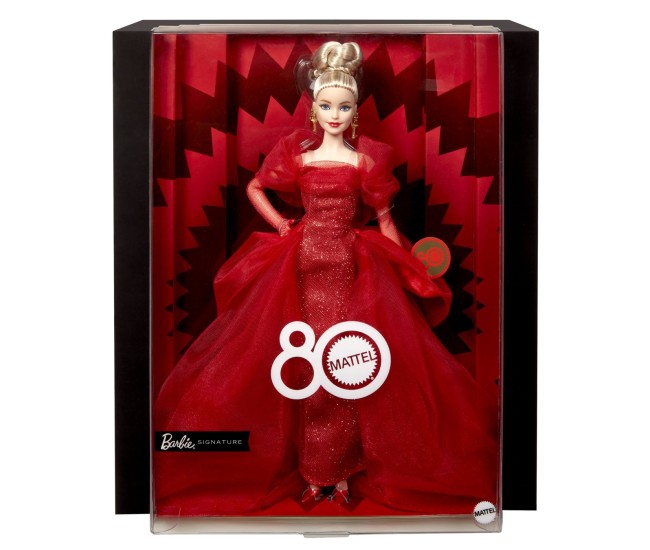 Barbie signature aniversare 80 de ani papusa barbie blonda cu rochie de bal rosie