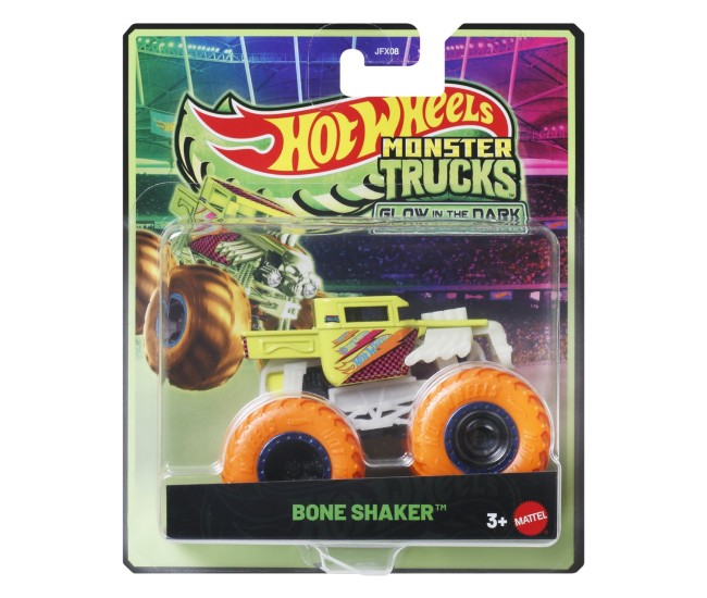 Hot wheels monster truck glow in the dark masinuta bone shaker cu roti portocalii scara 1 la 64 Hot wheels monster truck glow in the dark masinuta bone shaker cu roti portocalii scara 1 la 64
