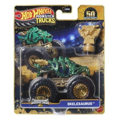 Hot wheels monster truck 50 bigfoot trophy champions masinuta skelesaurus scara 1 la 64