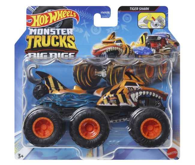 Hot wheels monster truck big rigs masinuta metalica cu 6 roti tiger shark scara 1:64