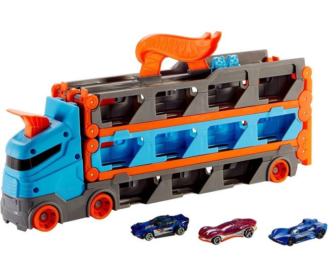 Hot wheels 2 in 1 mega transportator masini pista Hot wheels 2 in 1 mega transportator masini pista