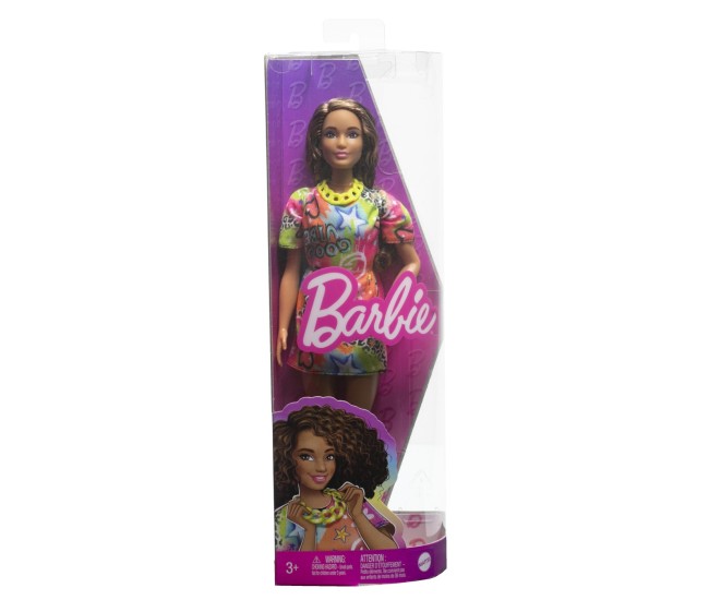 Papusa barbie fashionista satena cu rochie cu imprimeu good vibes Papusa barbie fashionista satena cu rochie cu imprimeu good vibes
