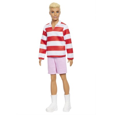 Barbie fashionistas papusa ken blond cu bluza polo dungi rosii albe