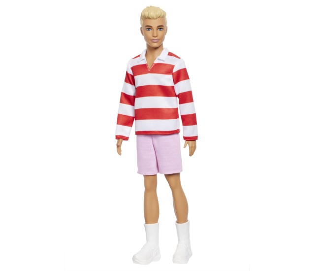 Barbie fashionistas papusa ken blond cu bluza polo dungi rosii albe