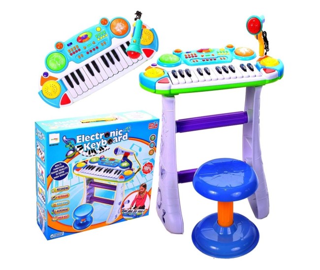 Instrument muzical pianina electronica malplay cu scaun si microfon 45 cm inaltime albastru Instrument muzical pianina electronica malplay cu scaun si microfon 45 cm inaltime albastru