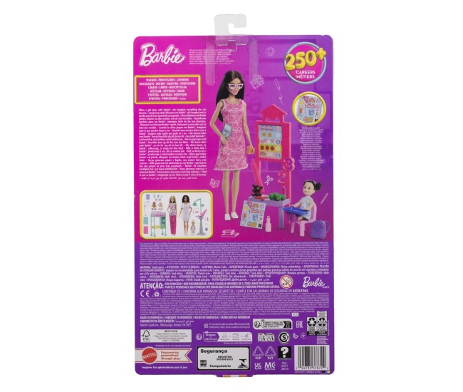 Barbie set de joaca papusa barbie bruneta cu rochie roz face cariera profesoara