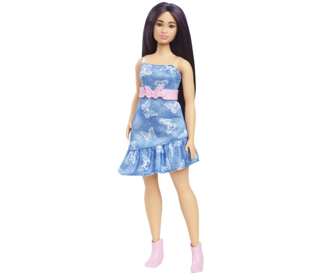 Papusa barbie fashionista cu parul mov si rochita cu fluturasi Papusa barbie fashionista cu parul mov si rochita cu fluturasi