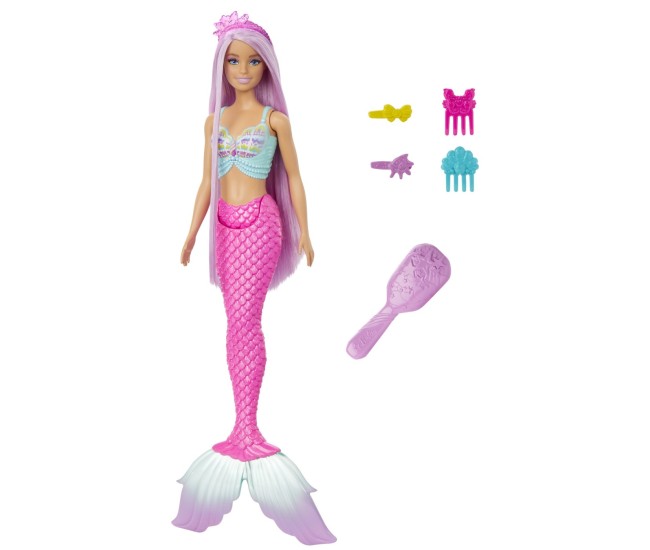 Barbie papusa sirena cu par mov si coada roz Barbie papusa sirena cu par mov si coada roz