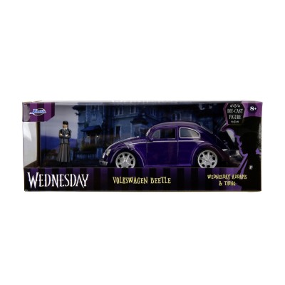 Jada wednesday set masinuta metalica volkswagen beetle 1:24 si figurina metalica wednesday 7cm