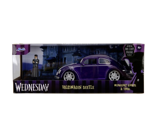 Jada wednesday set masinuta metalica volkswagen beetle 1:24 si figurina metalica wednesday 7cm Jada wednesday set masinuta metalica volkswagen beetle 1:24 si figurina metalica wednesday 7cm