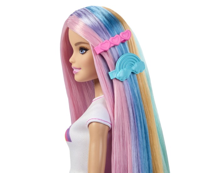 Barbie set papusa barbie cu par stralucitor curcubeu si accesorii