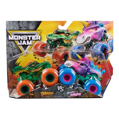 Monster jam set 2 masinute metalice dragon si sparkle smash scara 1 la 64