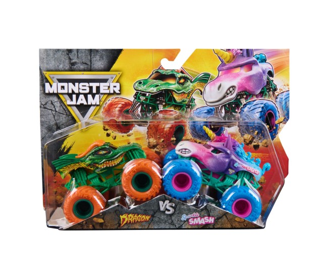 Monster jam set 2 masinute metalice dragon si sparkle smash scara 1 la 64 Monster jam set 2 masinute metalice dragon si sparkle smash scara 1 la 64