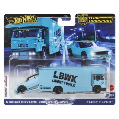 Hot wheels transportator fleet flyer cu masinuta nissan skyline 2000 gt-r lbwk scara 1:64
