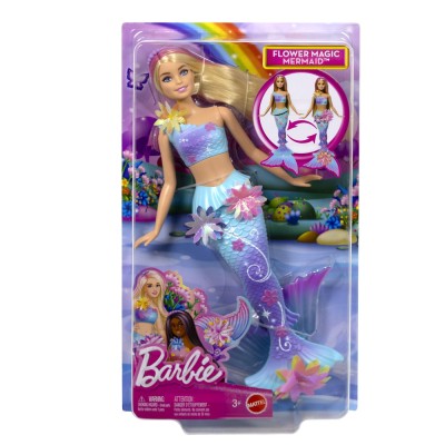 Barbie papusa sirena floare magica cu par blond si coada albastra Barbie papusa sirena floare magica cu par blond si coada albastra