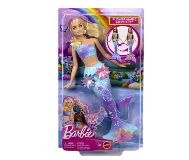 Barbie papusa sirena floare magica cu par blond si coada albastra