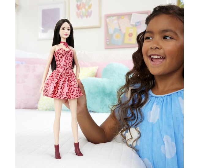 Barbie fashionistas papusa barbie bruneta cu rochie leopard roz