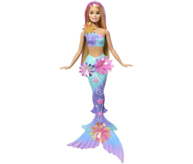 Barbie papusa sirena floare magica cu par blond si coada albastra