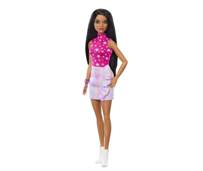 Papusa barbie fashionista bruneta cu top cu stelute