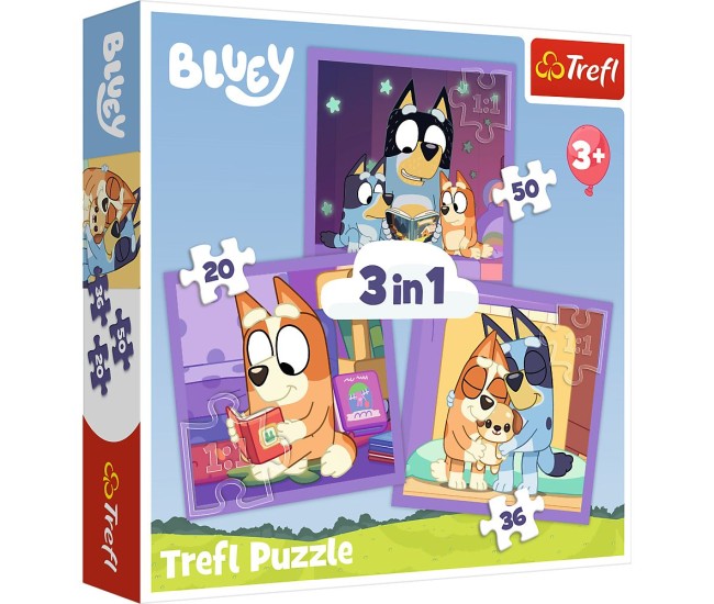 Puzzle trefl 3in1 bluey faceti cunostinta cu bluey Puzzle trefl 3in1 bluey faceti cunostinta cu bluey