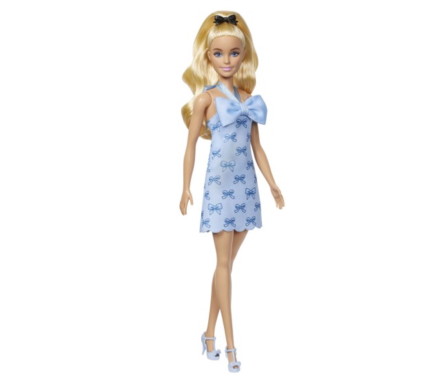 Barbie fashionistas papusa barbie blonda cu rochie albastra cu fundite Barbie fashionistas papusa barbie blonda cu rochie albastra cu fundite