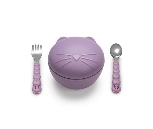 Castronel silicon cu capac si tacamuri, melii, model pisica