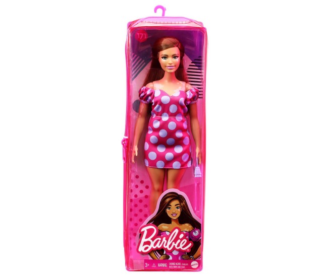 Papusa barbie fashionista satena cu rochie roz cu buline Papusa barbie fashionista satena cu rochie roz cu buline