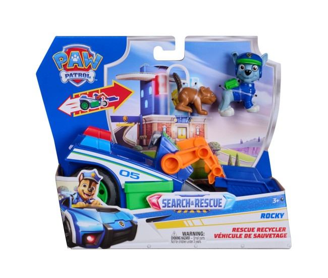 Patrula catelusilor cautare si salvare set figurina rocky si vehicul de reciclare