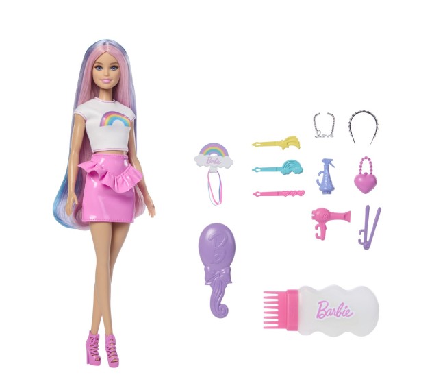 Barbie set papusa barbie cu par stralucitor curcubeu si accesorii