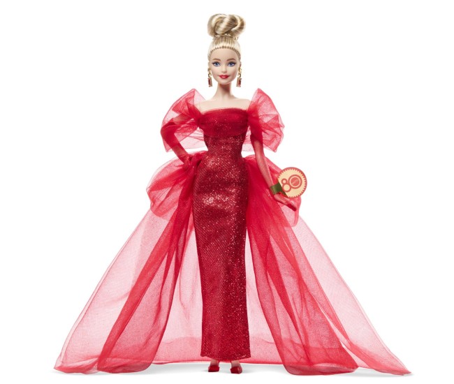 Barbie signature aniversare 80 de ani papusa barbie blonda cu rochie de bal rosie