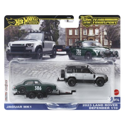 Hot wheels transportator land rover defender 110 2023 cu masinuta jaguar mk1 scara 1 la 64
