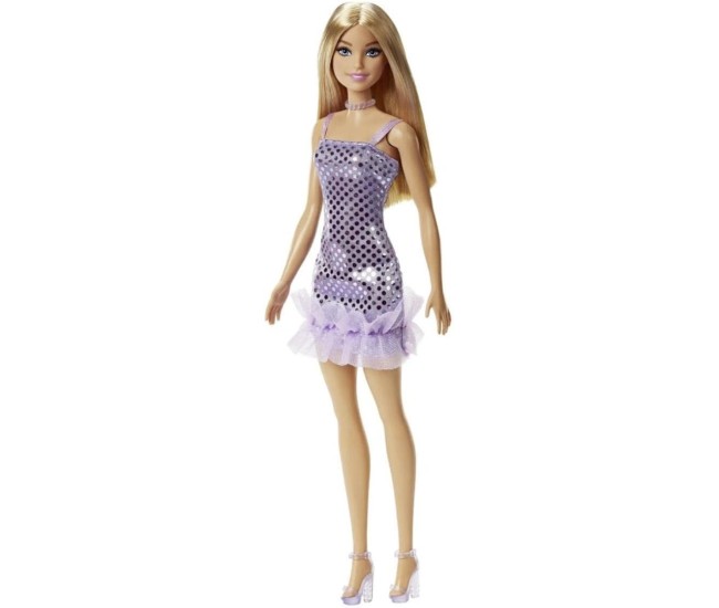 Papusa barbie tinute stralucitoare blonda cu rochita mov Papusa barbie tinute stralucitoare blonda cu rochita mov