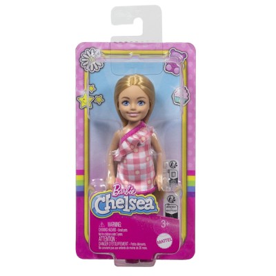 Barbie papusa chelsea blonda cu rochita roz in carouri