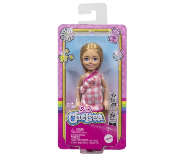 Barbie papusa chelsea blonda cu rochita roz in carouri Barbie papusa chelsea blonda cu rochita roz in carouri