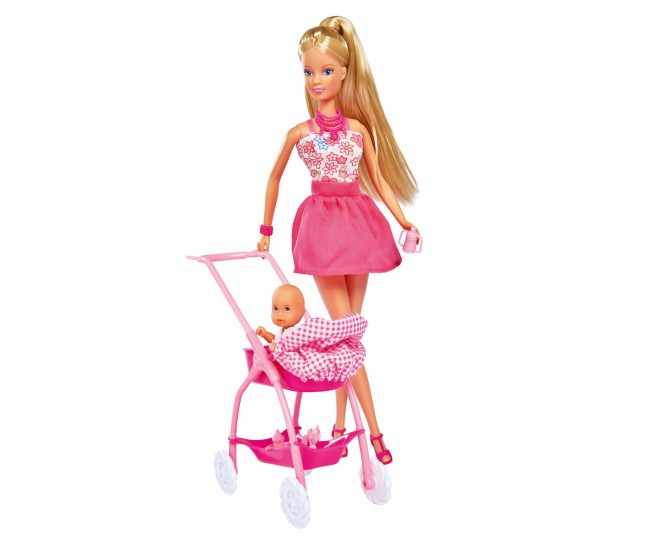 Papusa steffi in rochita roz si cu carucior bebe Papusa steffi in rochita roz si cu carucior bebe
